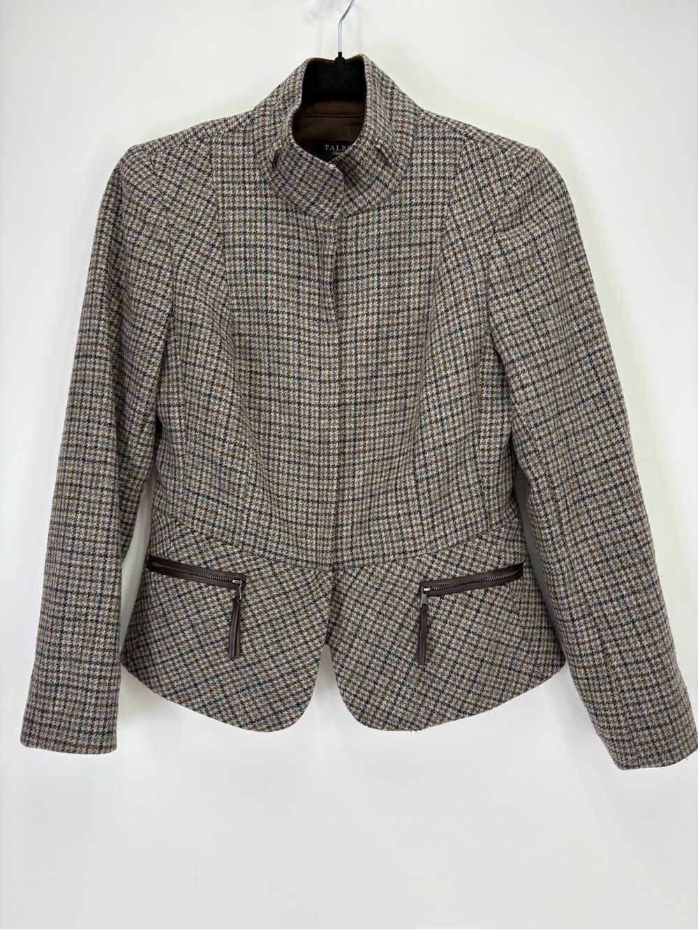 🔱 Talbots Houndstooth Stand-Collar Blazer in Brown and Gray wool blend